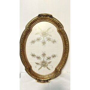 Vintage Ornate Oval Gold Frame Tray With Gold Embroidered Floral Motif